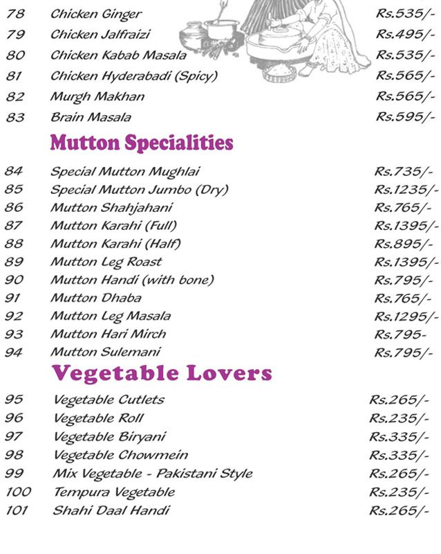 Royal Taj menu
